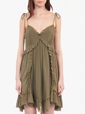 The Kooples 100% Silk Olive Ruffle Tie-Shoulder Mini Dress Fr Size 2 (US Medium)